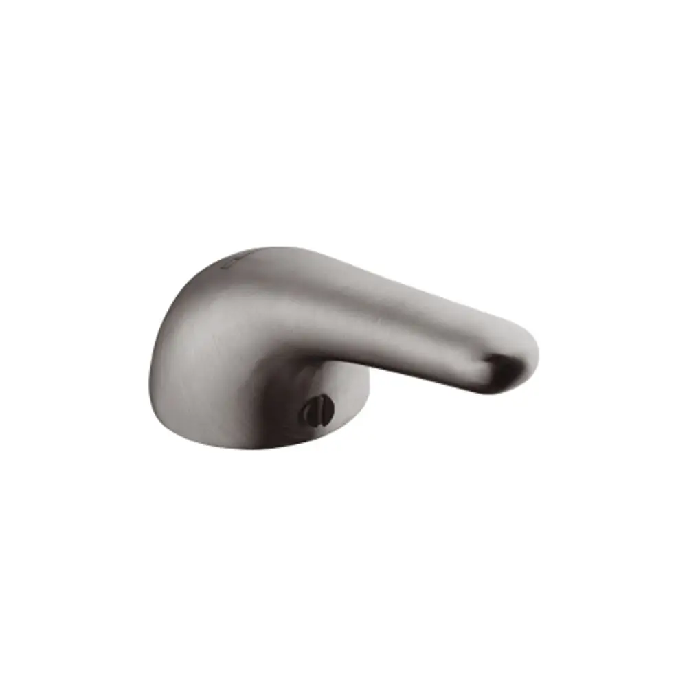 Griff aus gebürstetem Edelstahl von Hansgrohe mit einfacher, ergonomischer Form, montiert an einer Wand.
